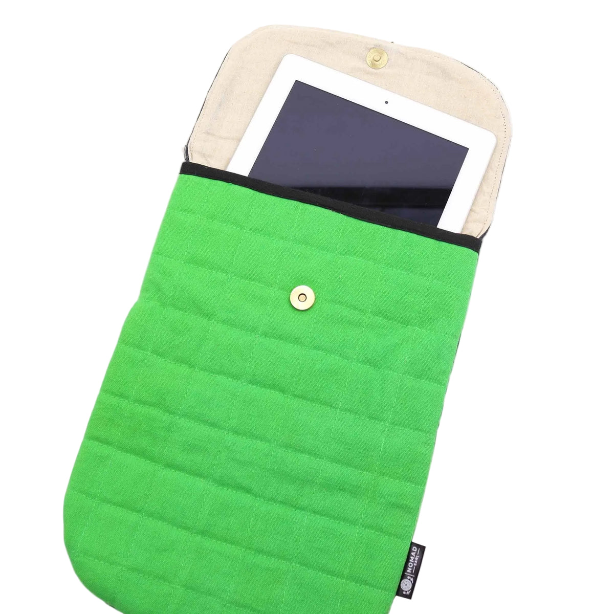 Frog Green pouch open with a white tablet inside, showing the pale inner flap and magnetic fastening.