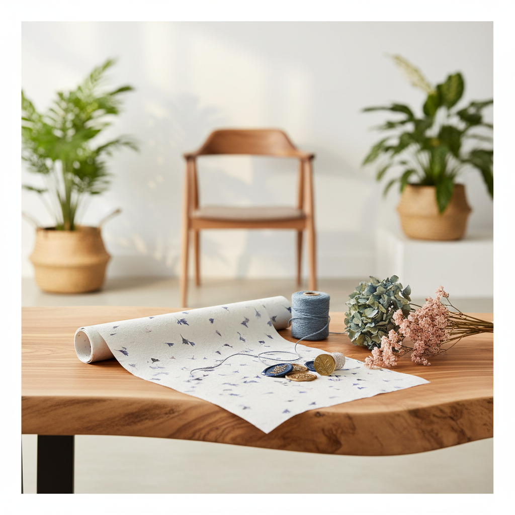 A roll of handmade wrapping paper with a delicate blue floral and leaf pattern is unrolled on a wooden table, styled with a spool of blue thread, buttons, and dried pink flowers. The background shows a warm, softly lit room with a wooden chair and potted plants.