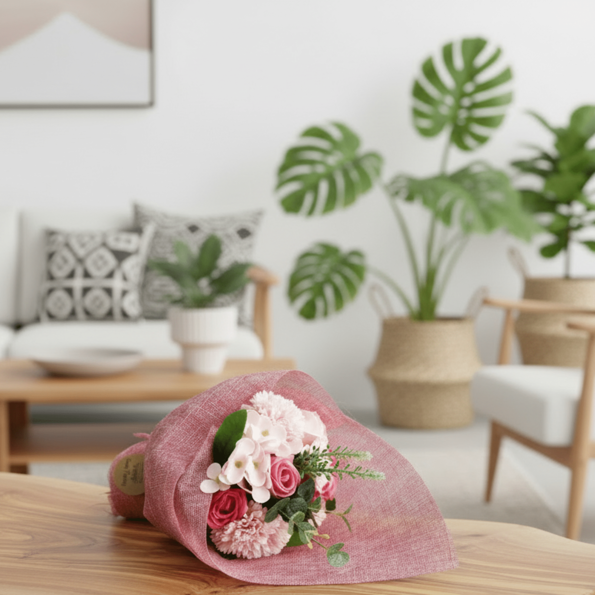 Bouquet of flowers wrapped in pink paper on a wooden table in a living room.