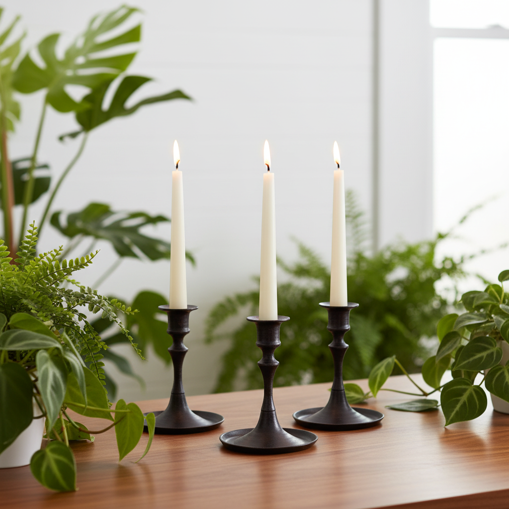Three black candlestick holders with lit white taper candles, styled on a wooden table with green houseplants in a bright indoor setting.