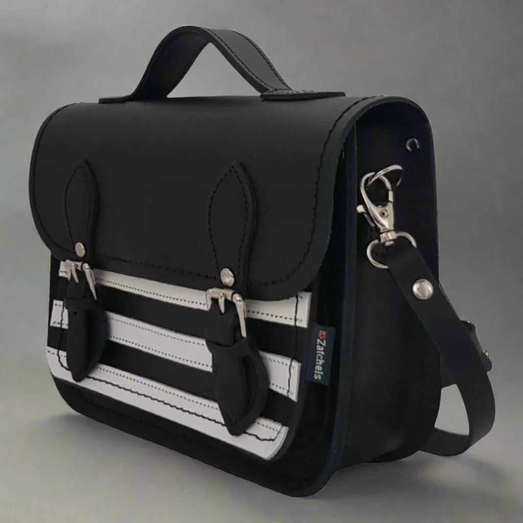 Zatchels Handmade Leather Midi Satchel - Gothic Striped White & Black Clothing & Accessories > Handbags, Wallets & Cases > Handbags > Handmade Handbags > Leather Handbags > White & Black Striped Handbags > Gothic Handbags > White & Black Midi Satchel emmy-jane-boutique.myshopify.com