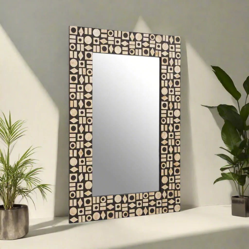 Orsina Black Wall Mirror Resin with Shell Inlay Geometric Design Home & Garden > Decor > Mirrors > Palu Black Wall Mirror with Shell Inlay emmy-jane-boutique.myshopify.com