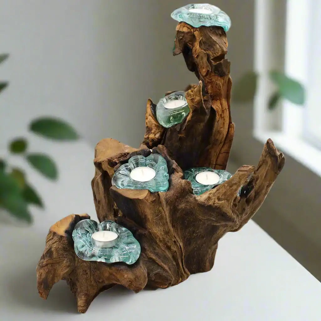 Ancient Wisdom Candle Holder Handmade Tealight Holder - Recycled Molton Glass on Gamel Wood Home & Garden > Decor > Home Fragrance Accessories > Candle Holders emmy-jane-boutique.myshopify.com