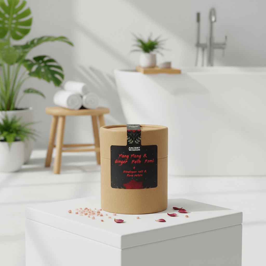 Natural bath bomb gift in a brown container with a label on a white surface, with plants and a bathtub in the background.