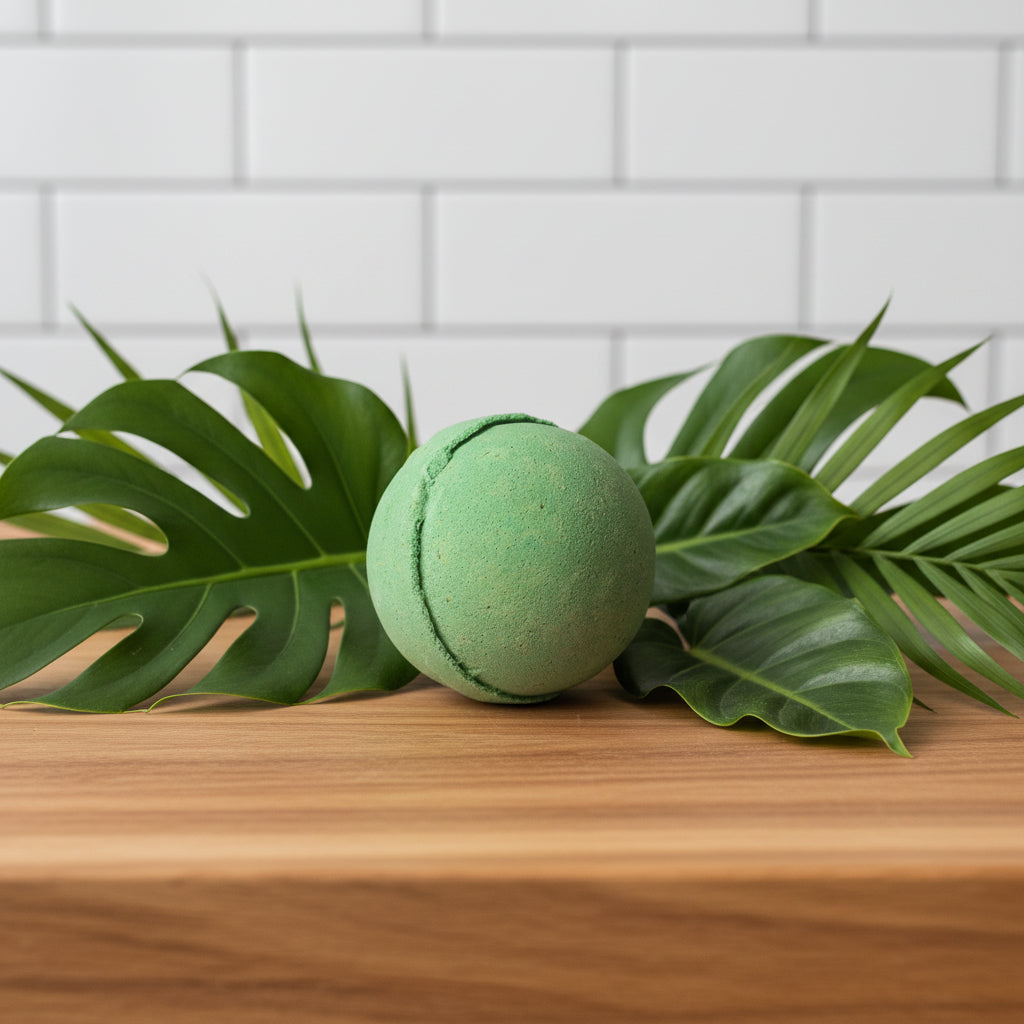Green bath bomb on a white background