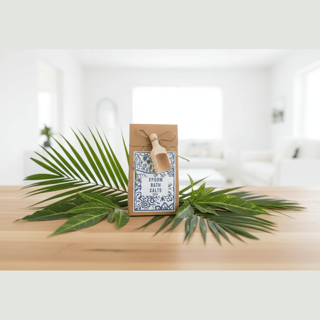Bath salts packaging with a palm leaf on a wooden surface