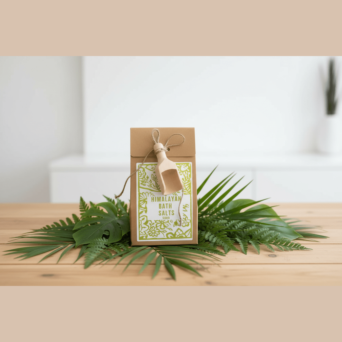Box of Himalayan bath salts with a decorative tag on a wooden surface with green leaves.