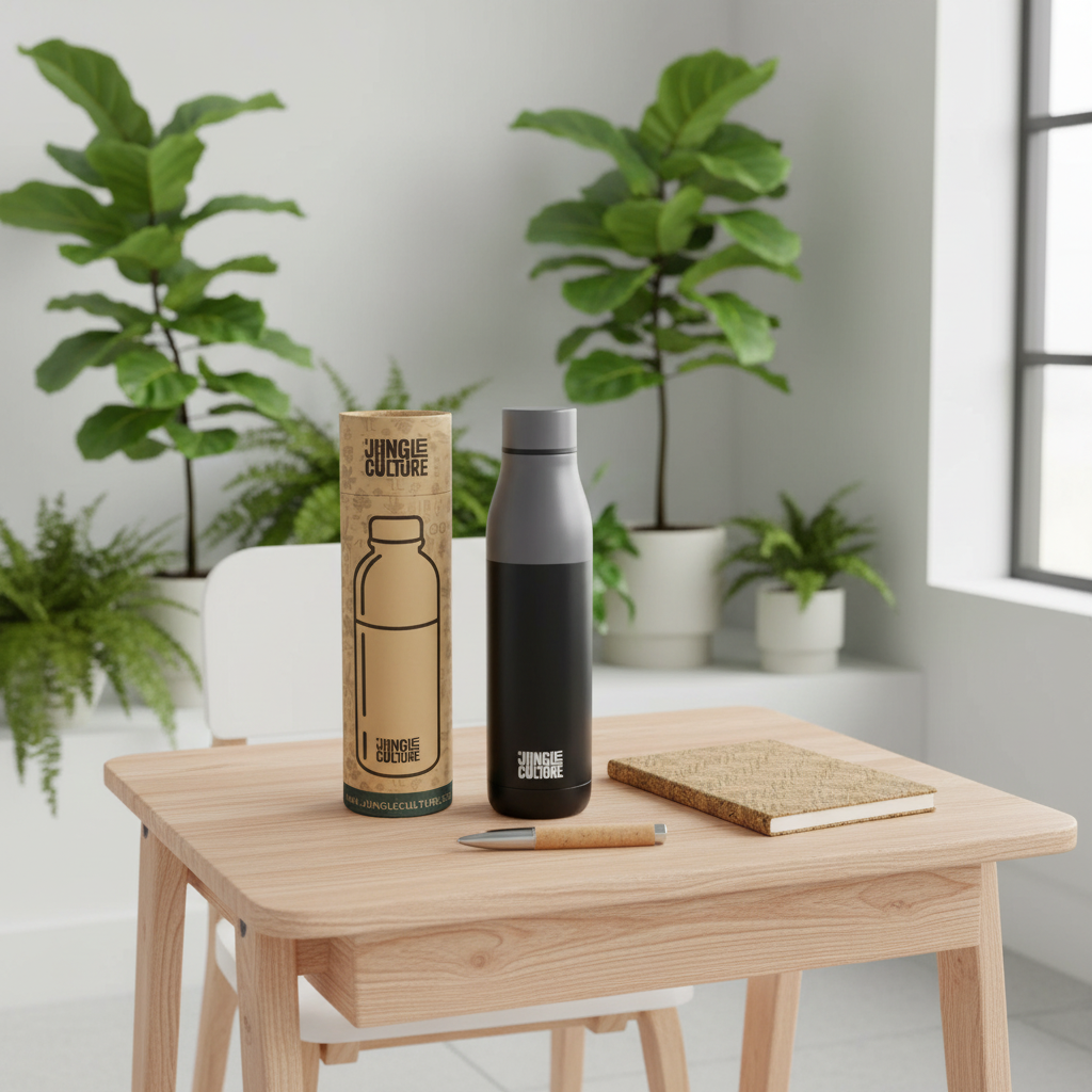 Jungle Culture Stainless Steel Water Bottle - Matt Black or White - Bottle for Life on a wooden desk with a cork notebook and pen.