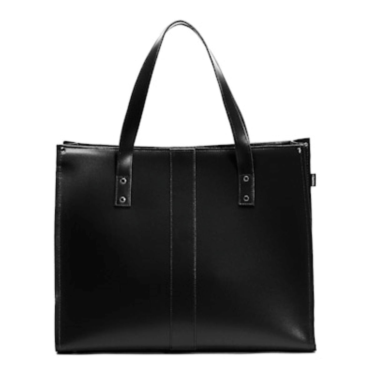 Black leather tote bag on a white background