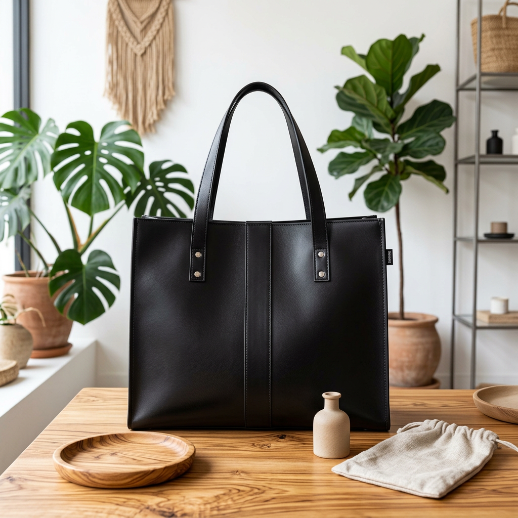 Zatchels black leather shopper displayed on a wooden table with plants in the background