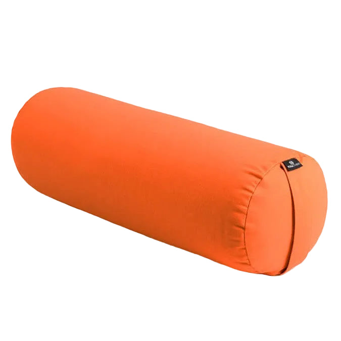 Orange cylindrical yoga bolster on a light gray background