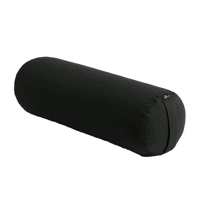 Black cylindrical yoga bolster on a light gray background