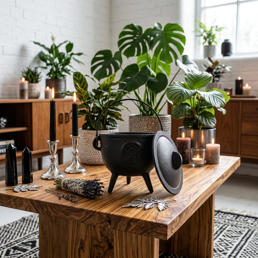 A black cast iron cauldron with its lid leaning against a rustic wooden table, styled with candles, dried herbs, and potted green plants in a bright, modern room.