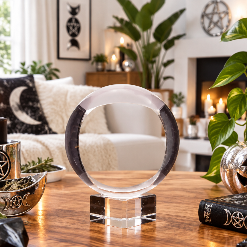 A clear crystal ball on a clear glass stand, displayed on a wooden table in a cosy, decorated living room.