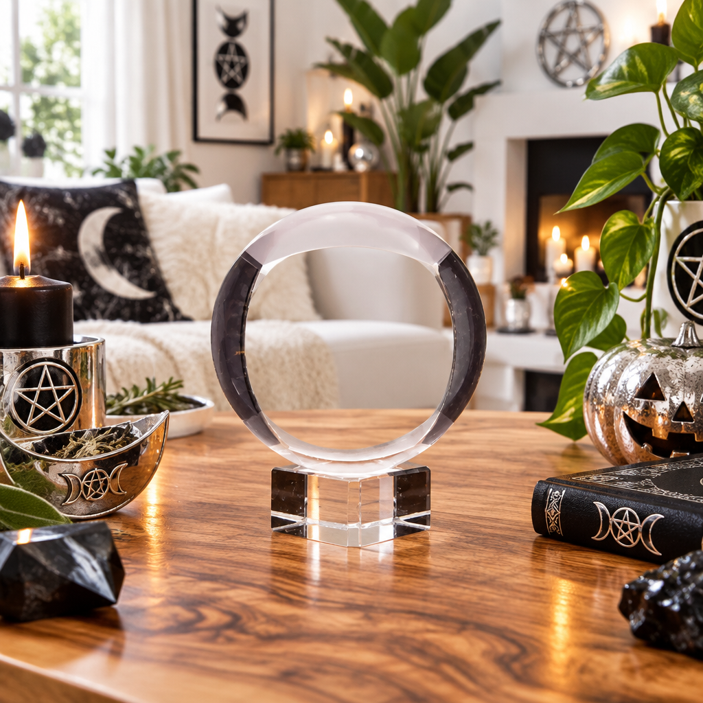 A clear glass crystal ball with black bands on a clear glass stand, displayed on a wooden table in a cosy, decorated room with candles, plants, and occult-themed decor.