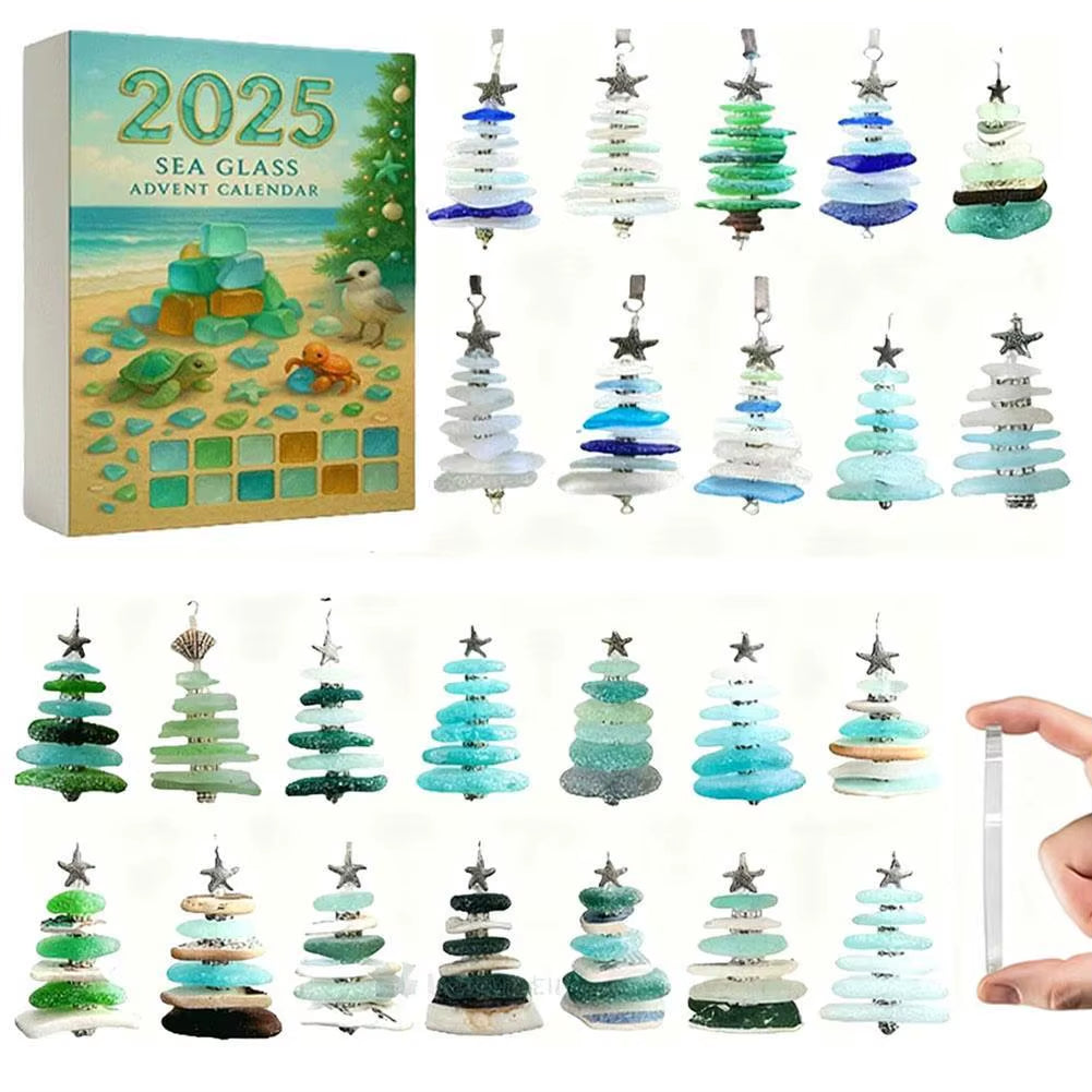 2025 Sea Glass Advent Calendar with sea glass Christmas trees and a hand holding one.
