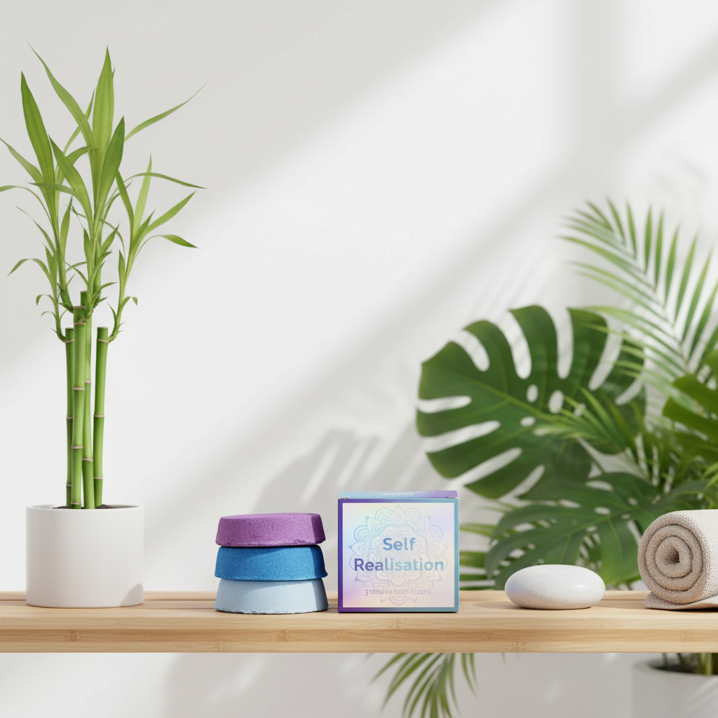 Stack of colourful bath fizzers, a box labelled 'Self Realisation', and a white stone on a wooden surface with plants in the background.