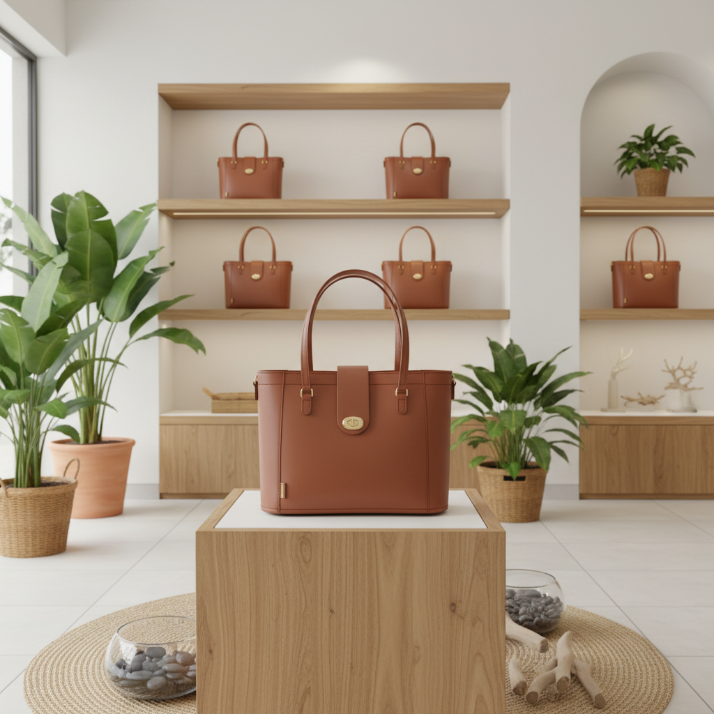 A structured brown leather handbag with double top handles and a front flap closure sits centered on a wooden pedestal in a bright, modern boutique interior with shelves, potted plants, and neutral decor.