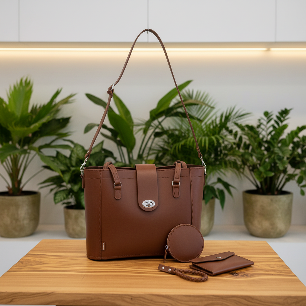 A brown leather tote bag with a matching round pouch, wallet, and wristlet strap, displayed on a wooden surface with potted plants in the background.