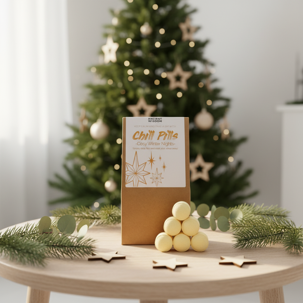 Chill Pills bath bomb gift set on a table with a Christmas tree in the background