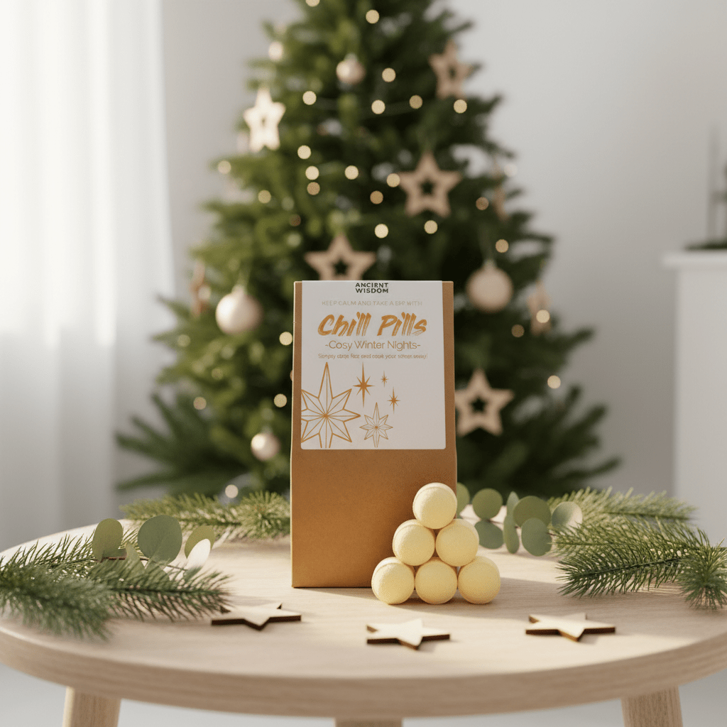 Chill Pills bath bomb gift set on a table with a Christmas tree in the background