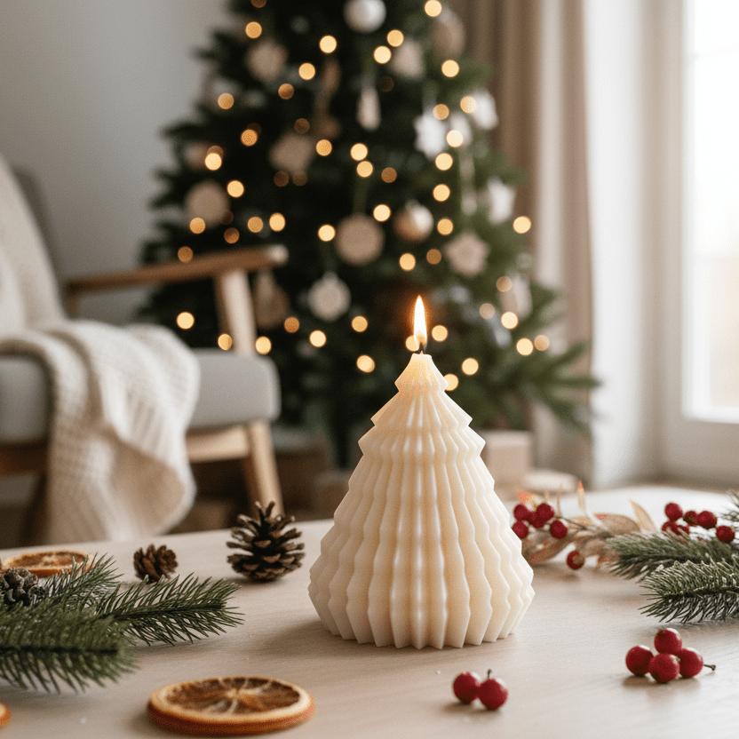 Decorative candle on a table with Christmas tree and decorations in the background