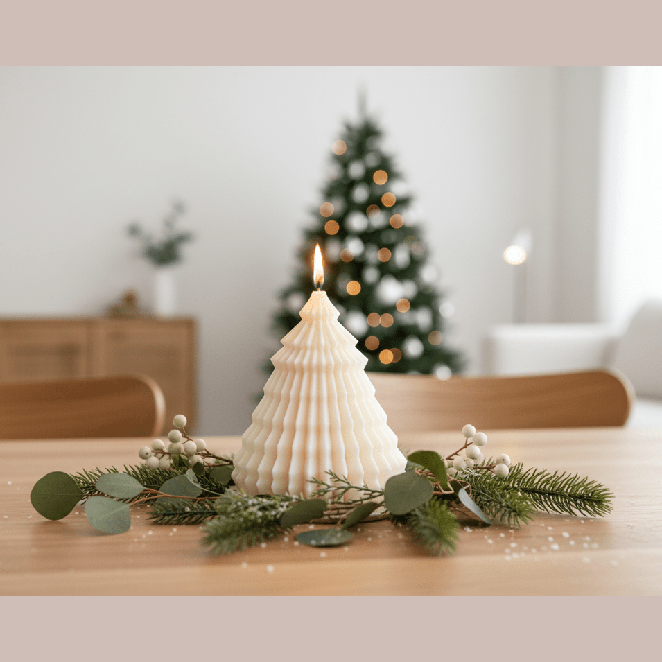 Decorative candle on a table with a Christmas tree in the background