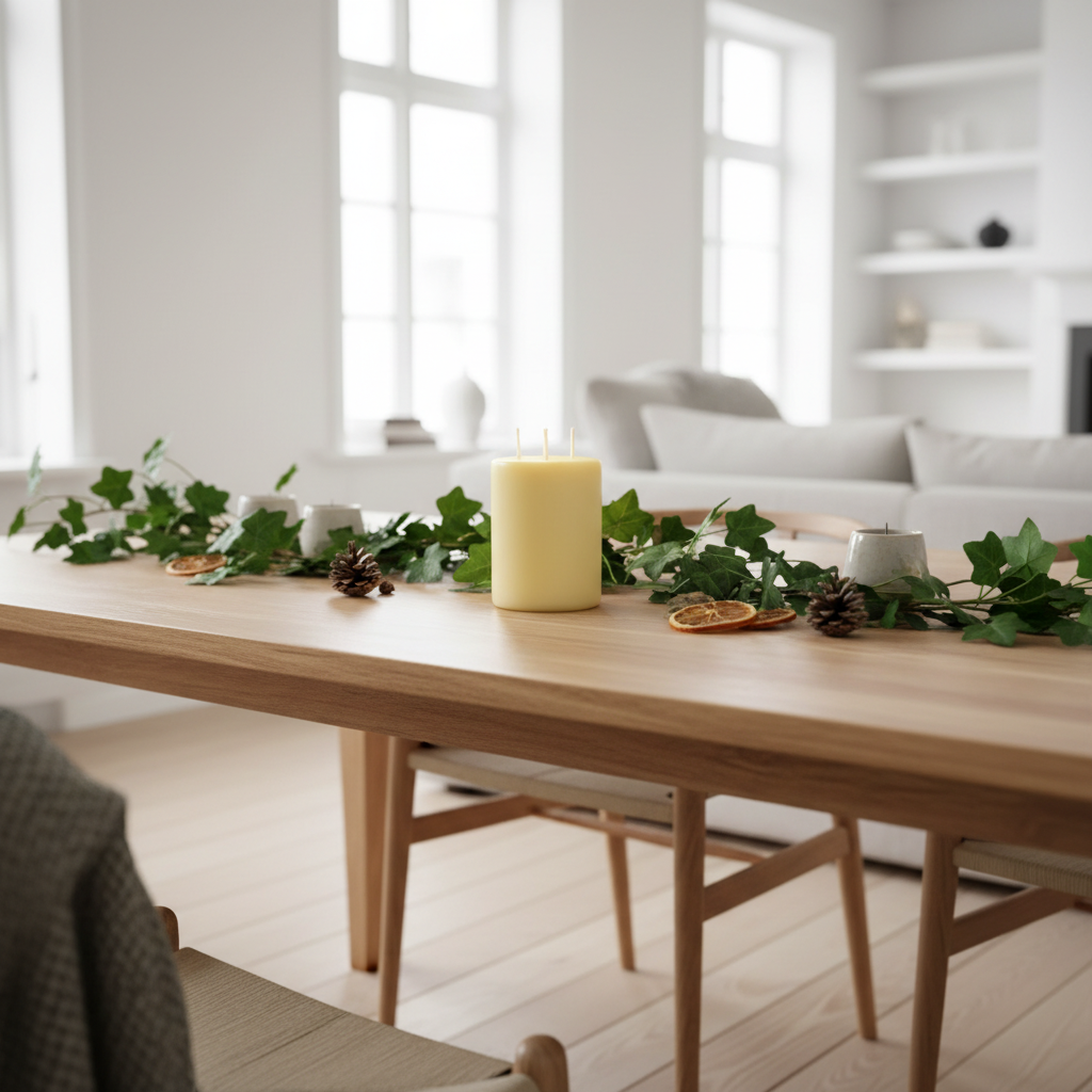 Wooden dining table with an ivory candle and greenery in a bright room.