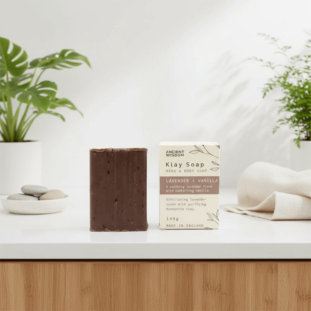Bar of soap and its packaging on a white surface with plants in the background