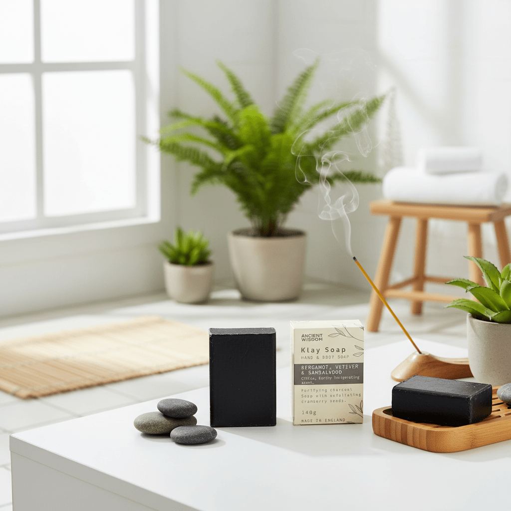 Black soap bar, incense stick, and stones on a white surface with plants in the background
