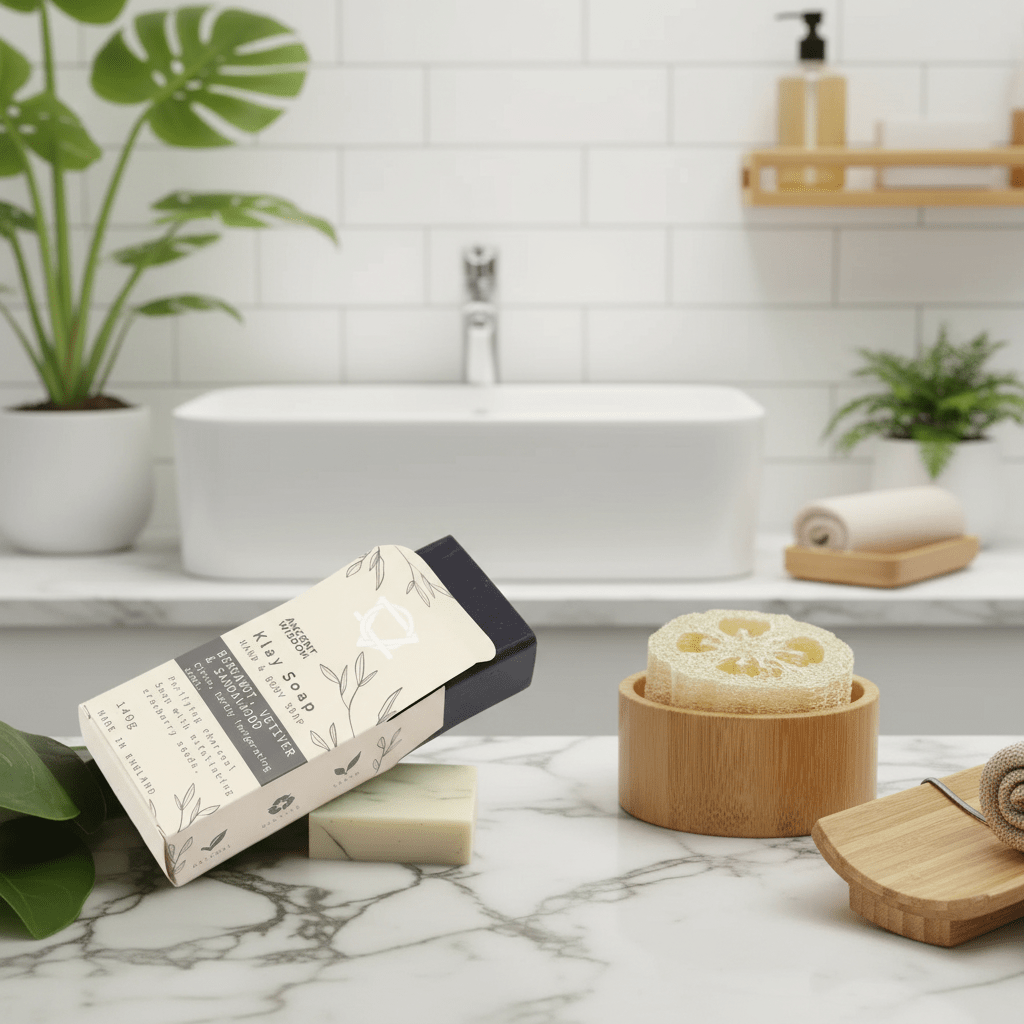 Bar of soap with packaging on a marble countertop in a bathroom setting