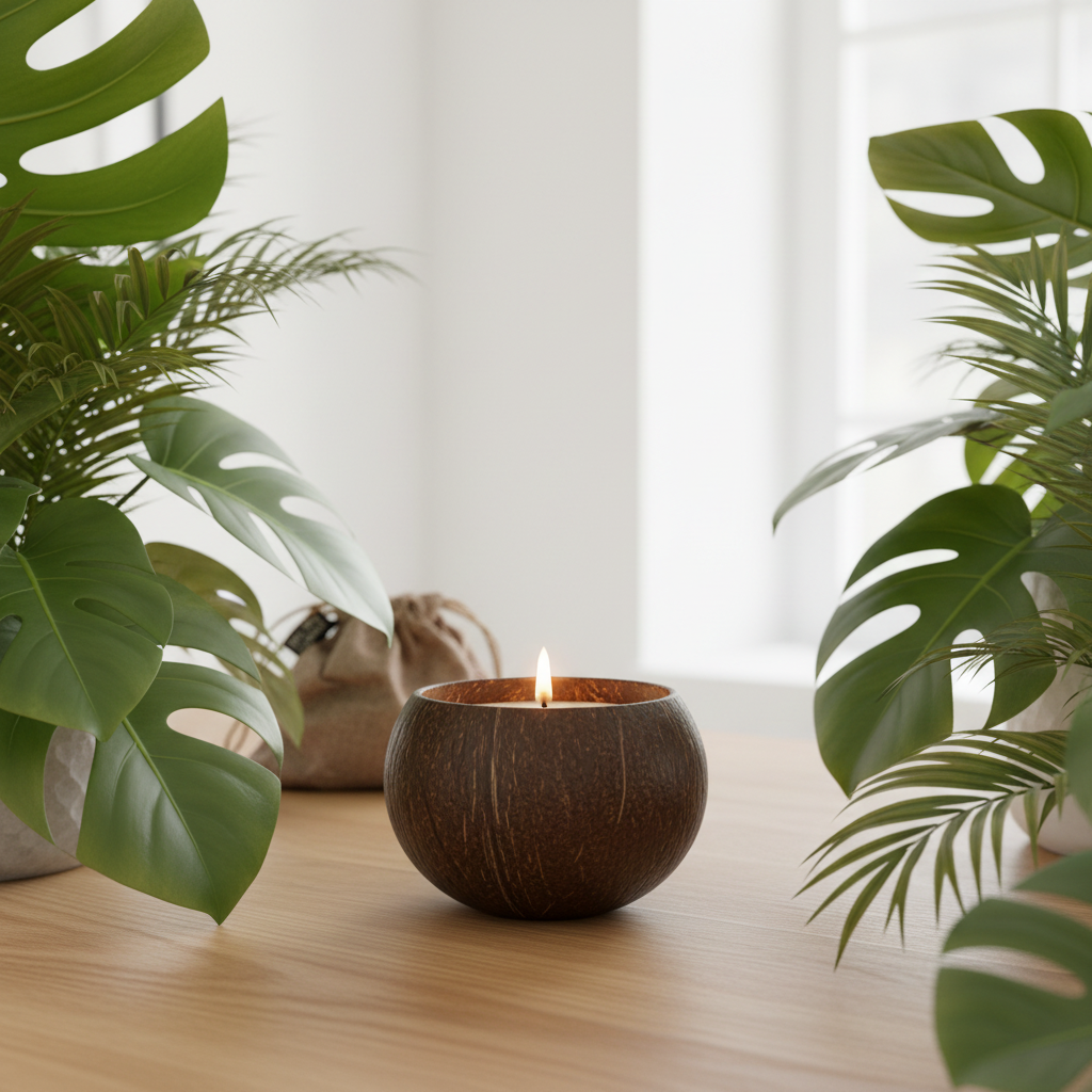 A small lit candle in a dark brown coconut shell holder sits on a light wood table, framed by green monstera and palm leaves in a bright indoor setting.
