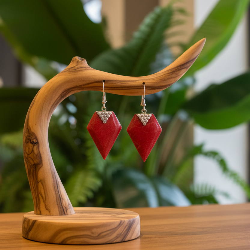 Red diamond-shaped earrings on a wooden stand with green plants in the background