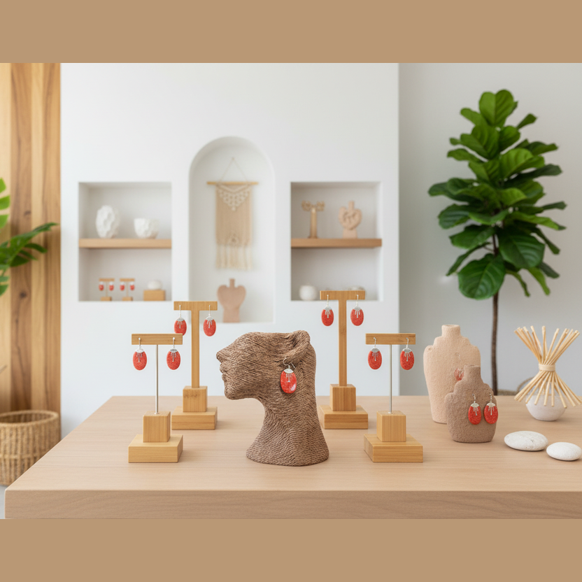 Earring display on a wooden table with decorative items and plants in a bright room.