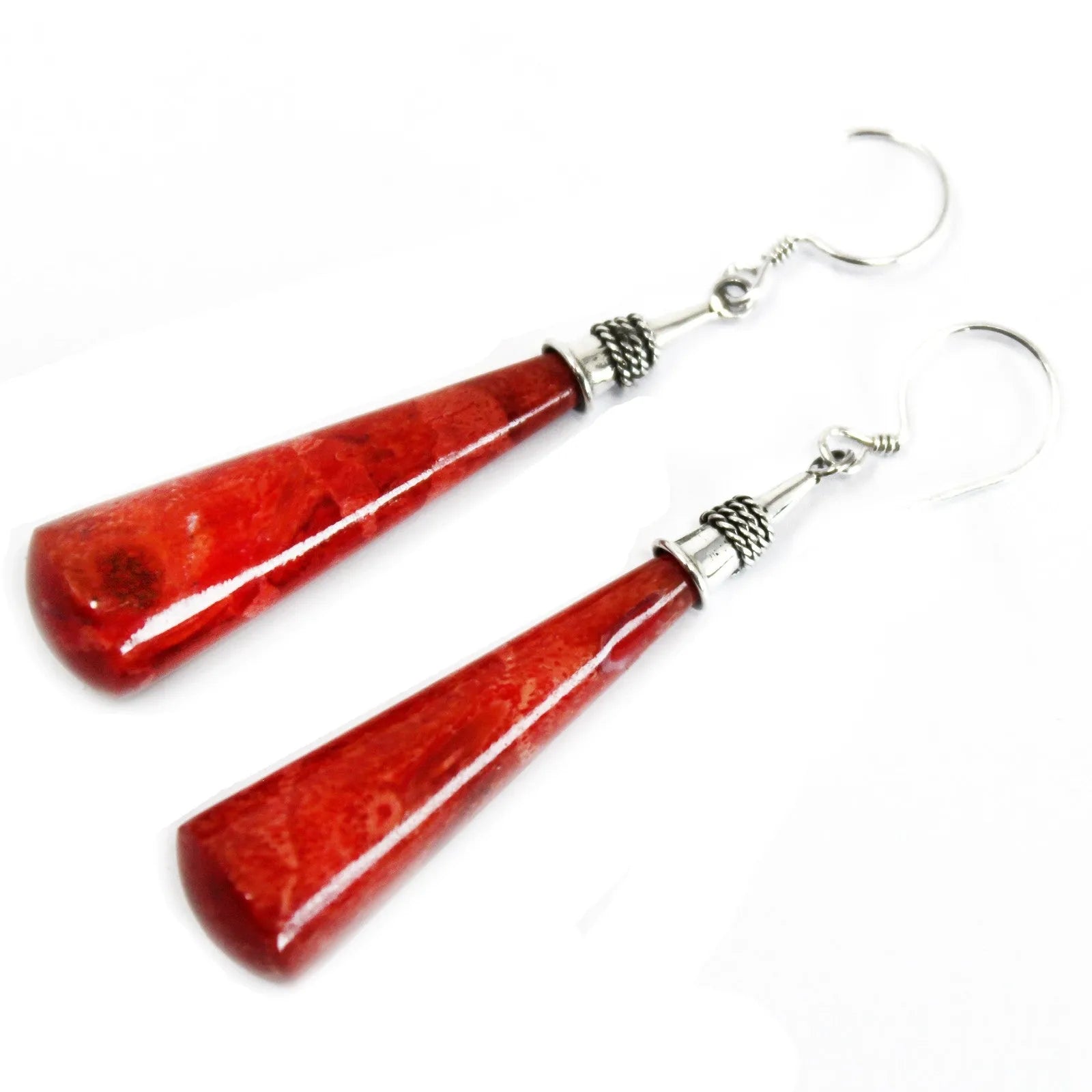 Ancient Wisdom Red Coral Imitation - 925 Silver Earrings - Handmade in Bali Apparel & Accessories > Jewelry > Womens Earrings > Drop Earrings > Red and Silver Drop Earrings emmy-jane-boutique.myshopify.com
