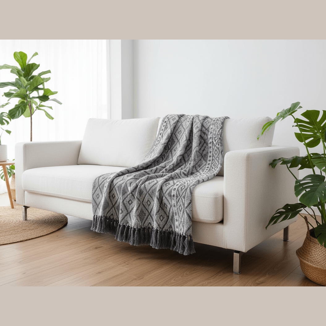 White sofa with a gray patterned throw blanket in a bright living room with plants.
