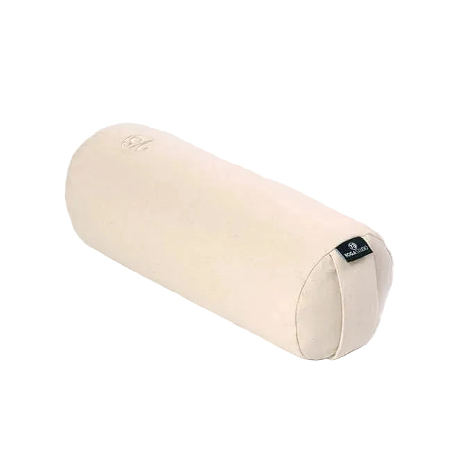 A cream-colored cylindrical yoga bolster pillow with a small black brand tag on one end, shown on a plain white background.