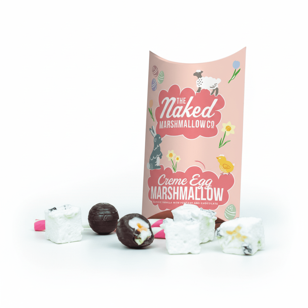Creme Egg marshmallow packaging with marshmallows and chocolate eggs on a white background