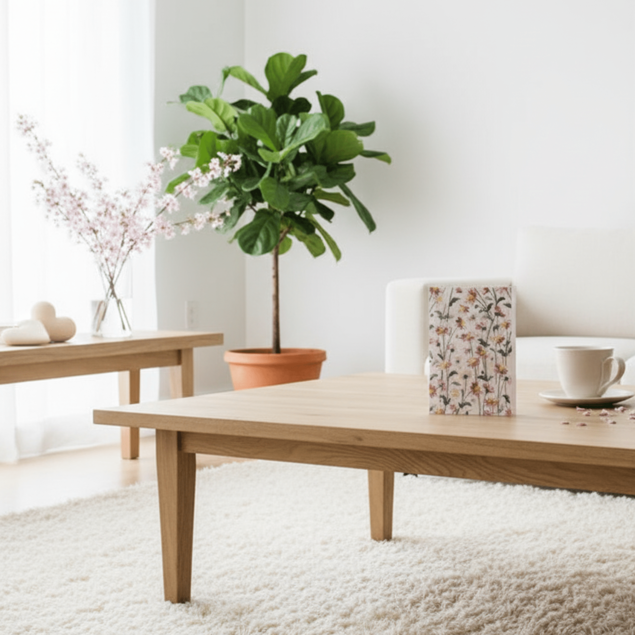 Modern living room with a wooden coffee table, potted plant, and a Floral-patterned sustainable greeting card