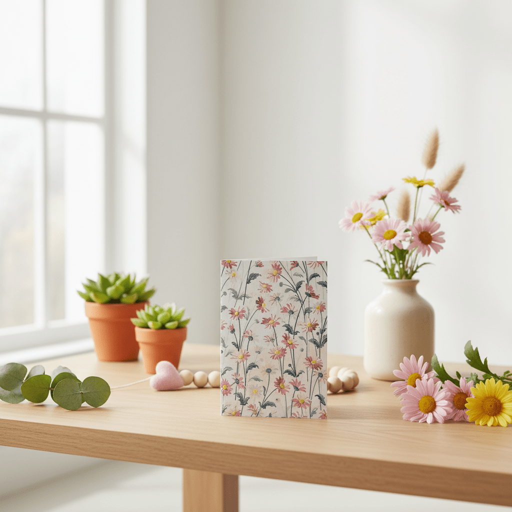 Floral-patterned sustainable greeting card on a wooden table with decorative items and flowers.