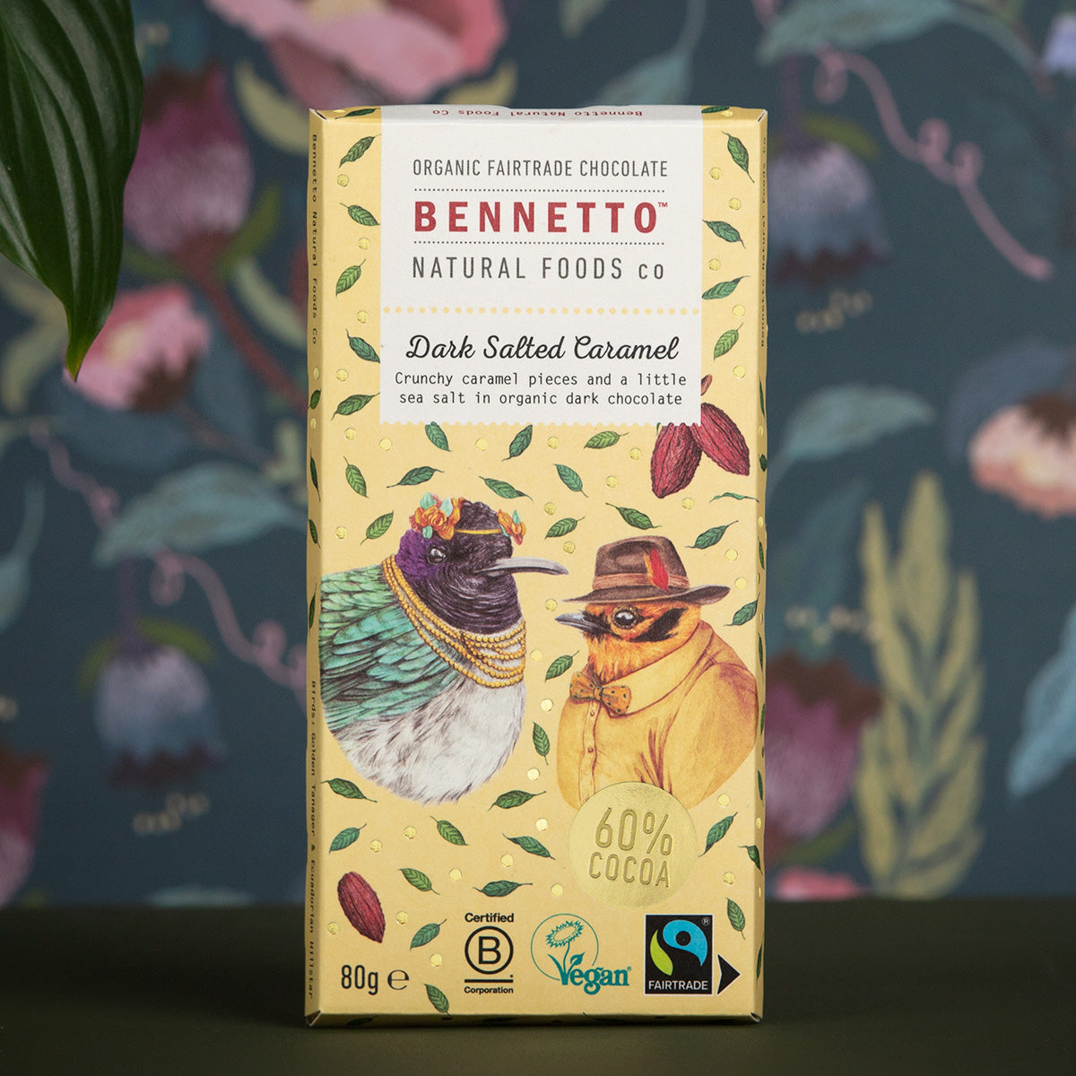 Bennetto chocolate bar packaging with birds illustration on a floral background