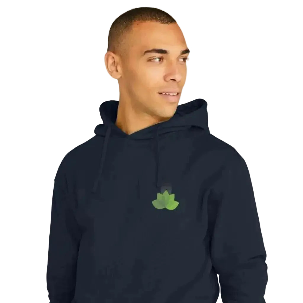 Man wearing a navy hoodie with a green logo on a plain background