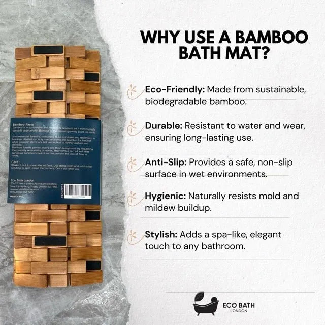 Bamboo bath mat with packaging and features listed on a gray background