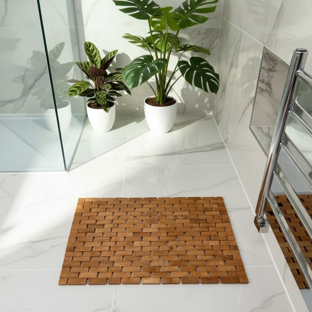 A rectangular woven bamboo bath mat in a brown tone, shown on a white marble-look tiled bathroom floor next to a glass shower door and potted plants.