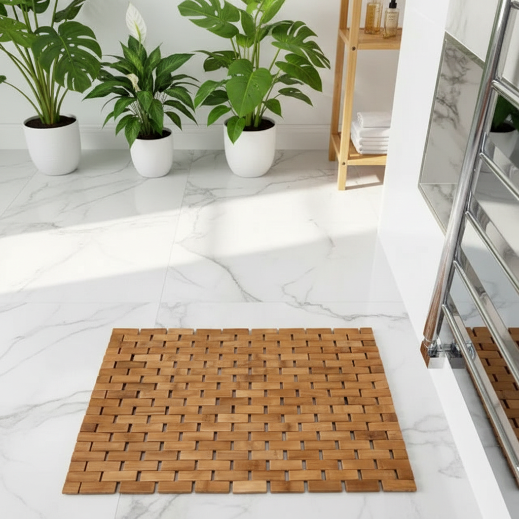 A rectangular woven bamboo bath mat in a natural light brown color, laid out on a white marble bathroom floor. In the background, three potted green plants and a wooden shelf are visible.