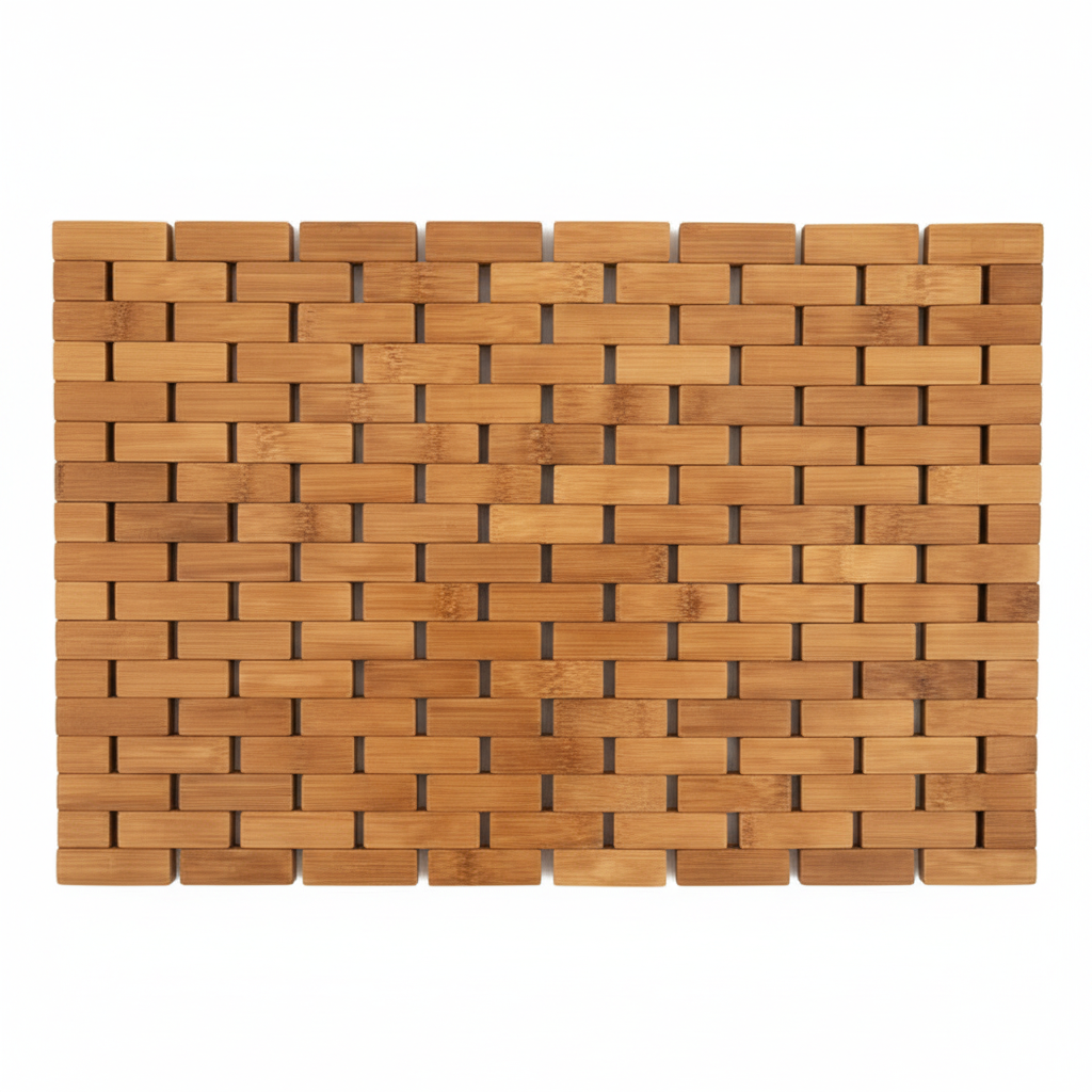 A rectangular woven bamboo bath mat with a tight basketweave pattern, shown from a top-down view on a solid white background.