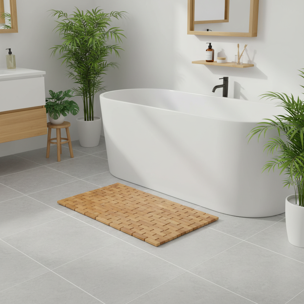 A rectangular woven bath mat in a natural light wood tone is placed on a light gray tiled bathroom floor in front of a white freestanding bathtub. The bathroom is styled with potted green plants, a wooden floating shelf, and a white vanity.