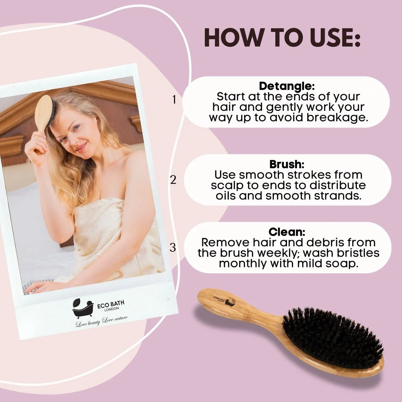 Eco Bath London Eco Bath London Bamboo Hair Brush with Boar Bristles - Eco-Friendly Detangling Hairbrush for All Hair Types Accessories emmy-jane-boutique.myshopify.com