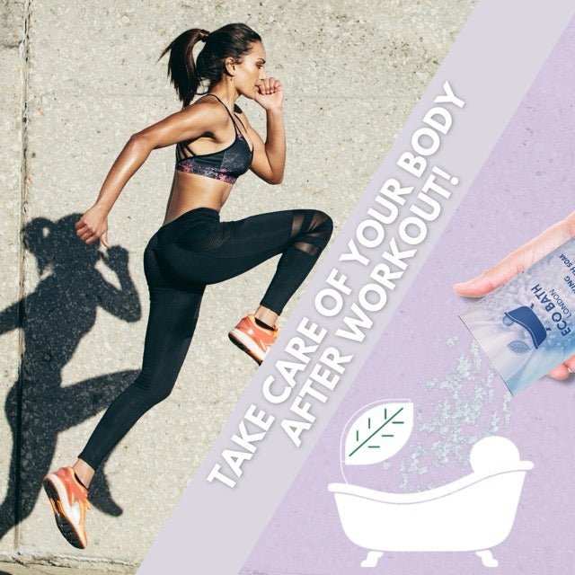 Woman in athletic wear running outdoors with a product packaging overlay on a light purple background.