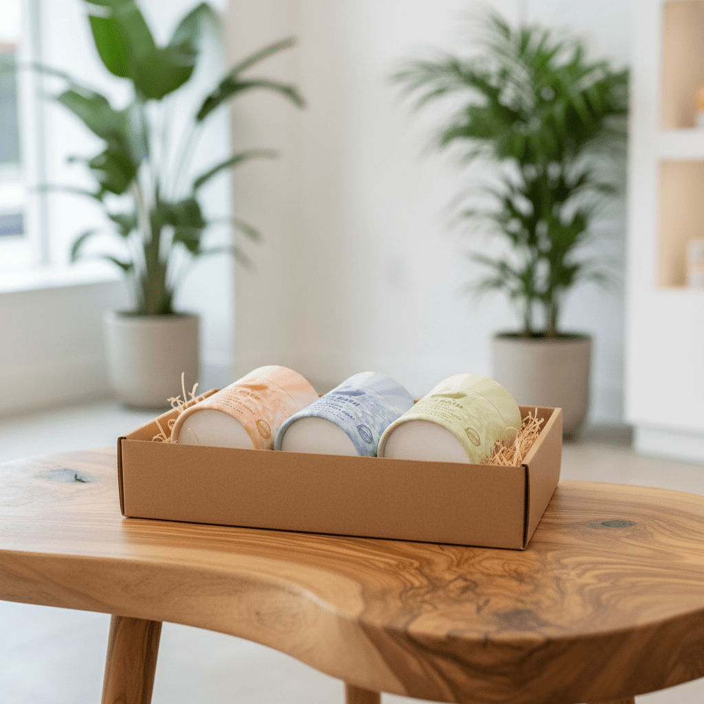Three boxes of bath salts in a cardboard box on a wooden table with plants in the background.